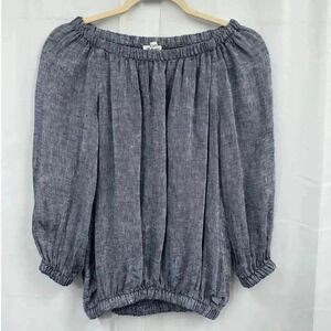 Haris Cotton (M) 100% Linen Blue Denim 3/4 Sleeve‎ Elastic Scoop Neck Top